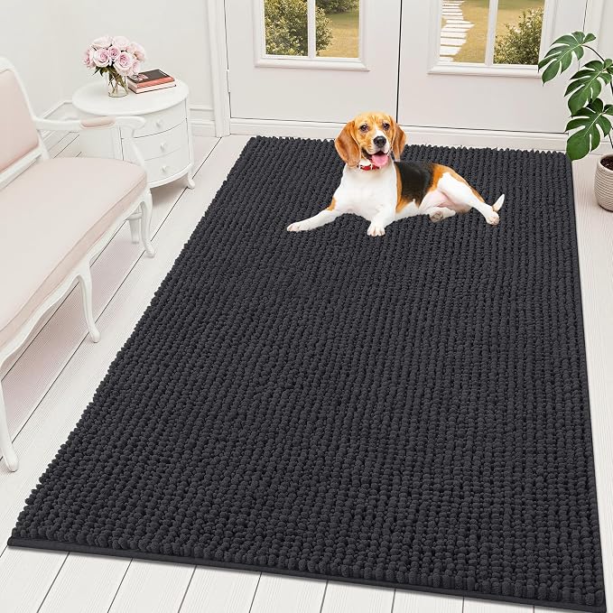 OLANLY Dog Door Mat for Muddy Paws 70x46, Extra Absorbent Chenille Mud Mat | Dark Grey, Absorbs Moisture and Dirt, Non-Slip Machine Washable Doormat, Quick-Drying Indoor Entryway Floor Mat for Dogs