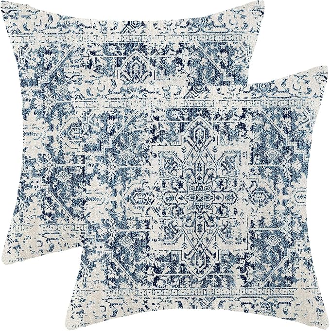 AEIOAE Boho Pillow Covers 16x16 Inch Set of 2,Carpet Pattern Throw Pillows Case,Blue White Ethnic Design Outdoor Decorative Square Linen Farmhouse Decor Cushion Covers for Home Sofa Bed Couch