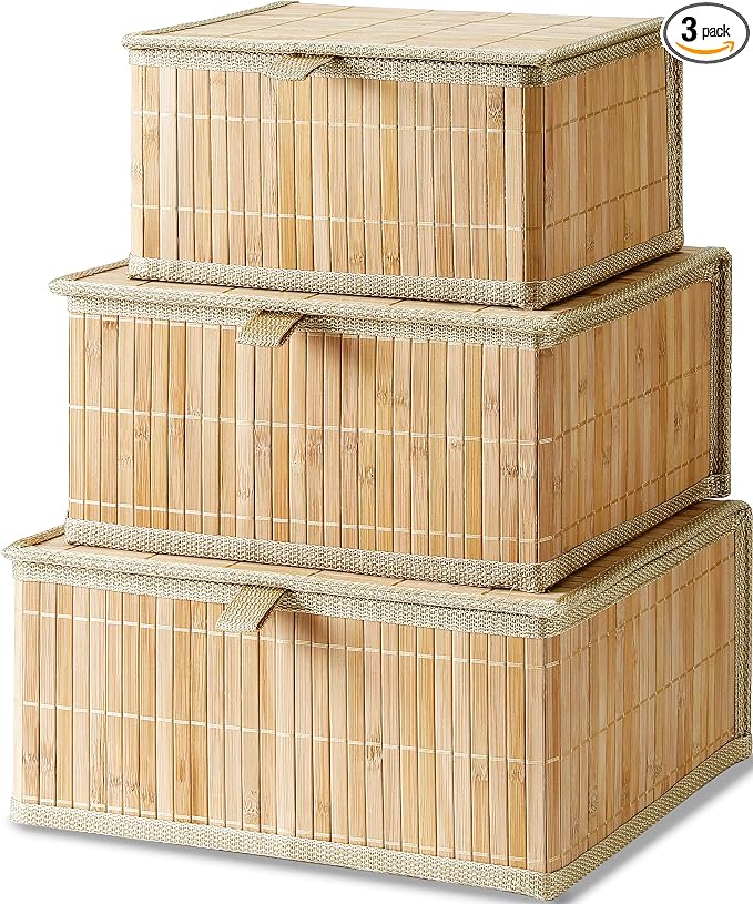Honygebia Bamboo Decorative Storage Boxes - Set of 3 Woven Lined Storage Basket with Lids, Beige Wicker Lidded Baskets for Home Kitchen Shelf Organizer Decor