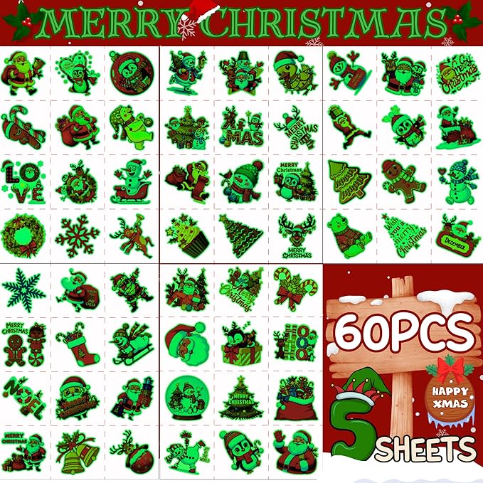 Luminous Christmas Temporary Tattoos - 60Pcs Christmas Decorations Xmas Party Decorations Party Favors Supplies Accessories Goodie Bags Decor Winter Reindeer Santa Claus Gift Idea For Kids Youth Adult