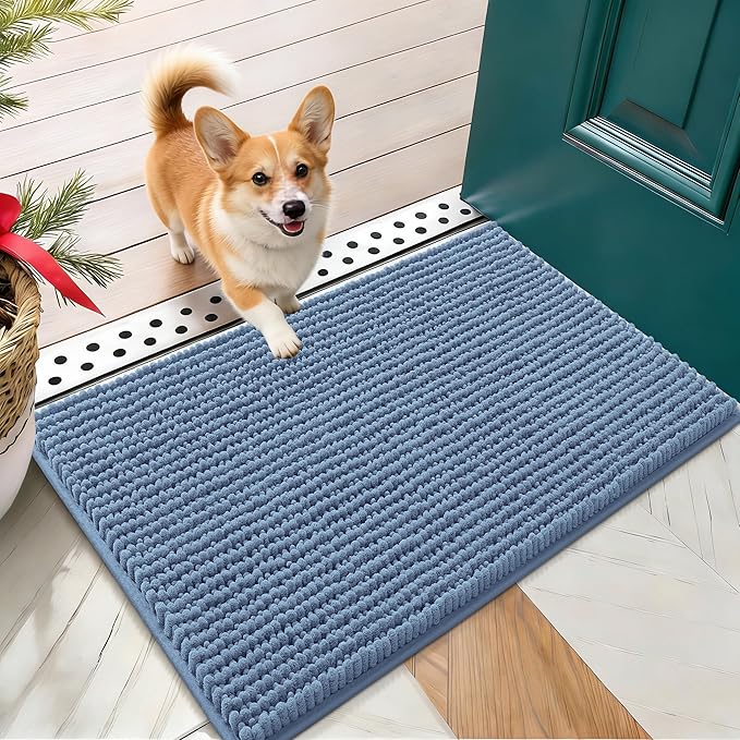 OLANLY Dog Door Mat for Muddy Paws 24x16, Extra Absorbent Chenille Mud Mat | Airy Blue, Absorbs Moisture and Dirt, Non-Slip Machine Washable Doormat, Quick-Drying Indoor Entryway Floor Mat for Dogs