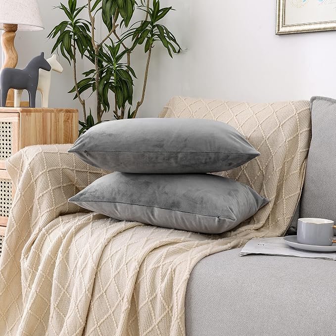 NiNi ALL Grey Velvet Throw Pillow Covers 12x20 Pack of 2 Decorative Couch | Soft Solid Boho Cushion Squar Pillow Cases for Chair Sofa Bedroom Farmhouse Living room Modern Luxury Home Decor Christmas