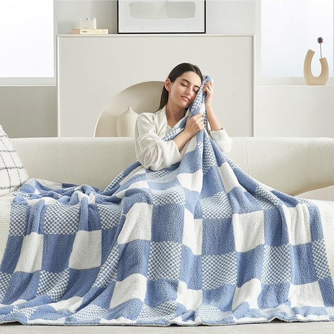 Snuggle Sac Checkered Blanket, Blue Throw Blanket for Couch Checker Microfiber Fluffy Warm Fuzzy Cozy Soft Throw Blanket Reversible Checkered Blankets for Sofa, Chair, Bed, 60x80 inches