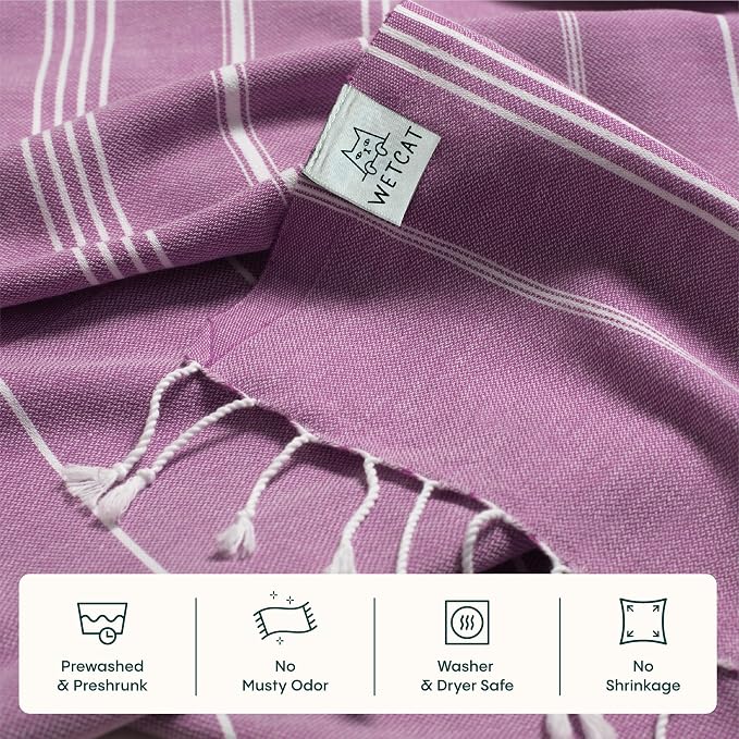 WETCAT Turkish Beach Towel Oversized (38"x71") 100% Turkish Cotton, Made in Turkey - Sand Free, Extra Large, Ultra Soft, Quick Drying, Compact & Lightweight for Travel - Purple