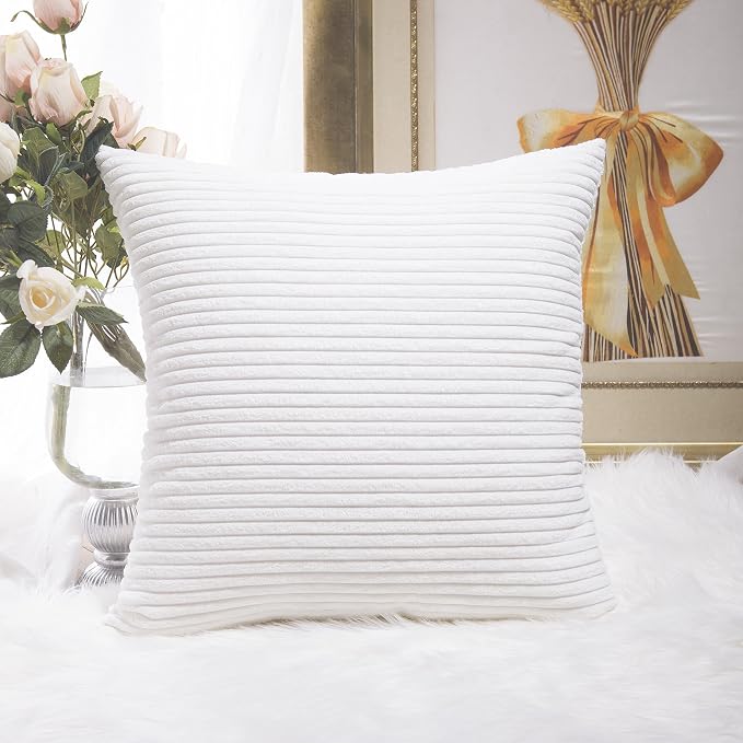 Home Brilliant Summer Decor Striped Corduroy Pillow Cover Velvet Cushion Cover for Couch Sofa Supersoft Decorative Pillowcase, Creamy White, 18x18 Inches(45cm)