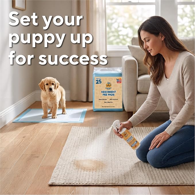 Extra Large Pee Pads for Dogs 30x23 in, 25 Count | Super Absorbent Multilayer Leak Proof Design | Quick Dry Top Layer | Includes Pet Urine Enzyme Cleaner | Disposable Potty Training Mat