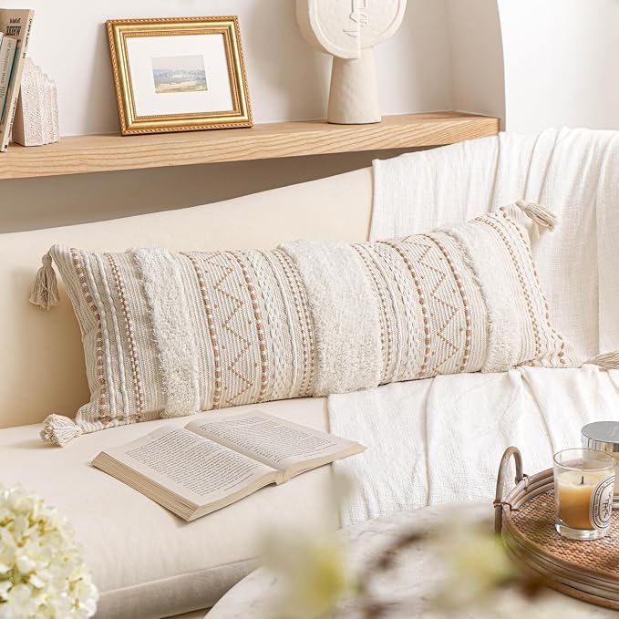 14x36 Lumbar Pillow Cover for Bed, Rectangular Long Decorative Throw Pillowcase, Boho Accent Cushion with Tufted Pattern and Tassels, Cream Beige Neutral (Cover Only)