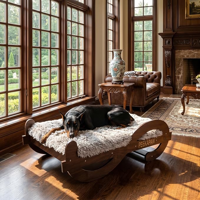Wooden Elevated Dog Bed with Plush Mattress,L, Up to 80 lb | Raised Dog Bed Furniture with Walnut GrainPattern Frame, Designer Pet Sofa for Indoor Home Decor