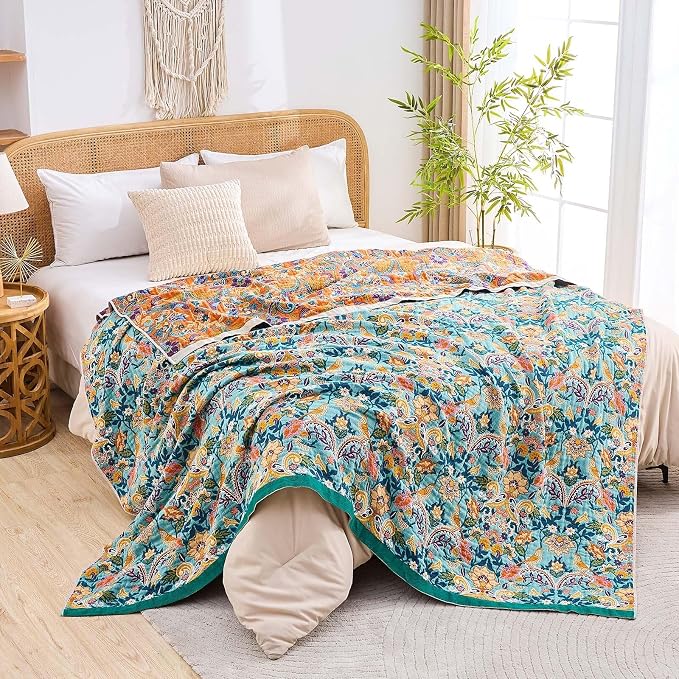 XIBLC Boho Blanket Throw Quilt, 100% Cotton Soft Light Weight Throw Blankets for Summer, 50"x60" Farmhouse Flower Decorative Blankets, All Season Rustic Reversible Bohemian Throw Quilt