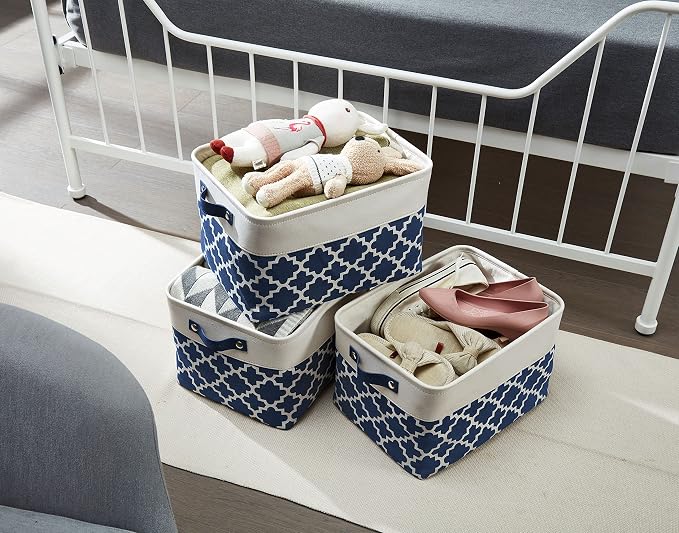 DECOMOMO Storage Bins, Large Fabric Storage Baskets for Shelves 3 Pack | 15 x 11 x 9.5 inches Decorative Linen Closet Organizers with Handles (Blue Patterns)