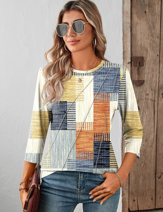 LOMON 3/4 Length Sleeve Womens Tops Spring Summer Fashion 2026 Tops Crew Neck Pleated Shirts Tunic Top Loose Fit