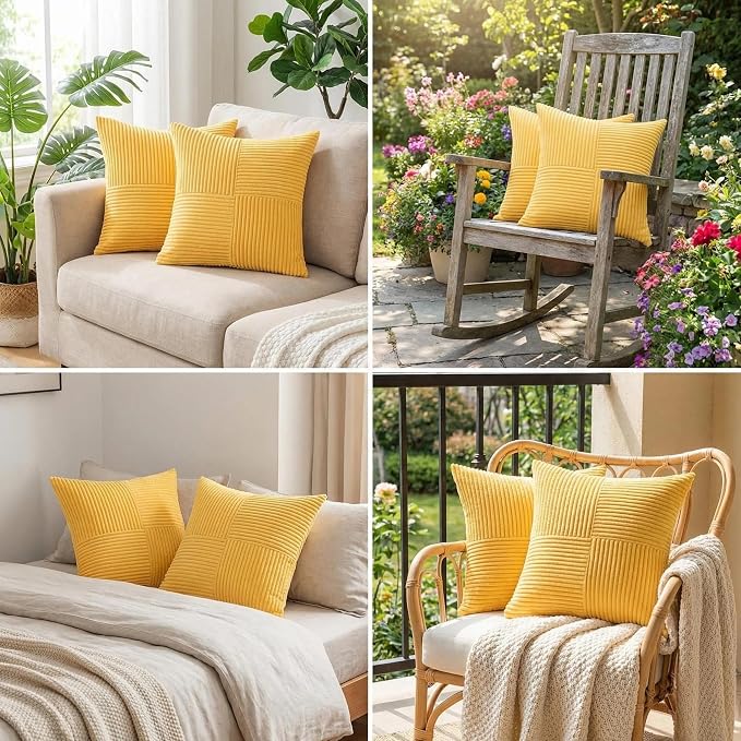 Fancy Homi 2 Packs Yellow Decorative Throw Pillow Covers 18x18 Inch for Living Room Couch Bed, Rustic Farmhouse Boho Home Decor, Soft Corss Corduroy Patchwork Textured Square Cushion Case 45x45 cm