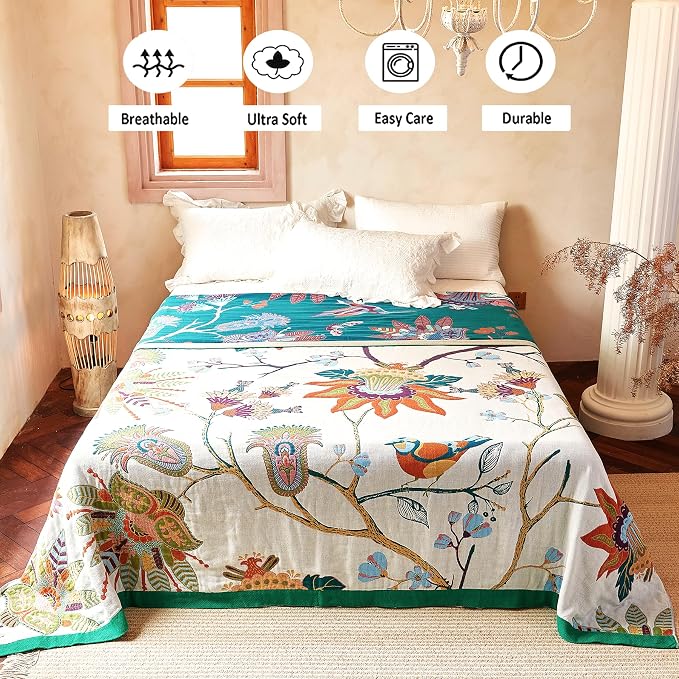 VANJOROY Boho Throw Blanket, 100% Organic Cotton Breathable Skin-Friendly Ultra Soft Bed Quilt Throw - All Season Floral Bird Farmhouse Décor Luxury Blanket for Sofa Couch Chair and Gift. 60" x 80"