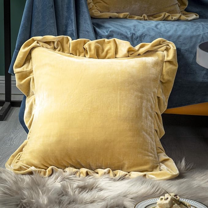 GLORY SEASON Velvet Throw Pillow Cover Soft Decorative Luxurious Solid Square Cushion Case for Sofa Couch Bedroom Farmhouse,Pack of 2, 18 x 18 Inches, Butter Yellow