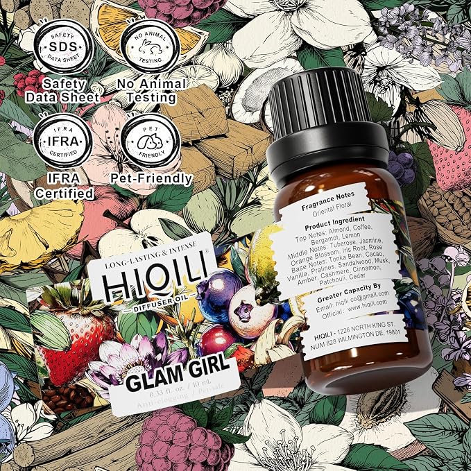 HIQILI Glam Girl Diffuser Oil, Long-Lasting Refill for Diffusers & Humidifiers, Hotel-Grade Scent Suitable for Home Use - 0.34 Fl Oz