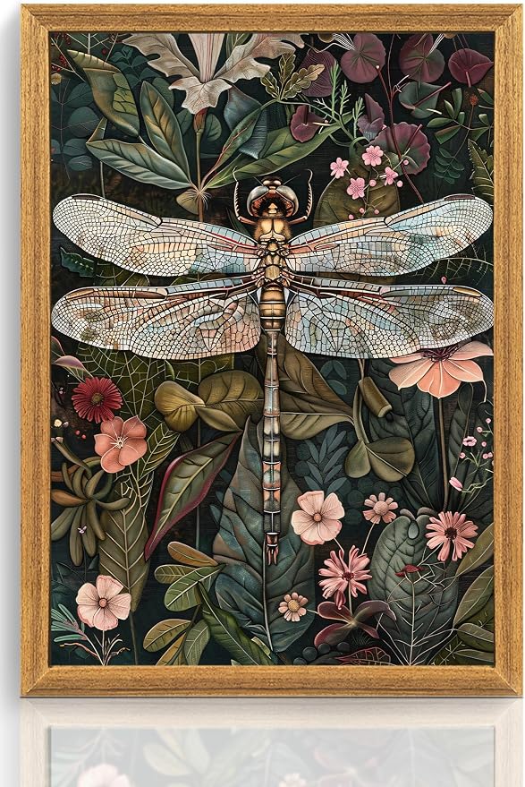ICHZUMW Framed William Morris Vintage Dragonfly Canvas Wall Art 16x24 In | Dark Green Botanical Prints, Antique Aesthetic Wildflower Wall Decor for Bedroom Living Room Bathroom Office, Ready to Hang