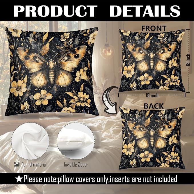 William Morris Inspired Floral Moth Pillow Covers 18x18, Dark Academia Cottagecore Botanical Floral Butterfly Decorative Throw Pillow Covers for Bedroom Living Room Home, Cottagecore Room Decor