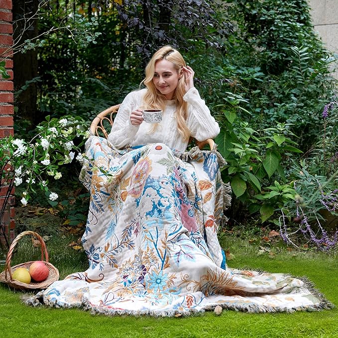 LUTBM Boho Throw Blanket for Couch 50"x60", Cotton Decorative Bed Throw | Reversible Floral Leaves Jacquard, All-Season Lightweight Breathable Blankets, For Chair Sofa Bedroom Living Room