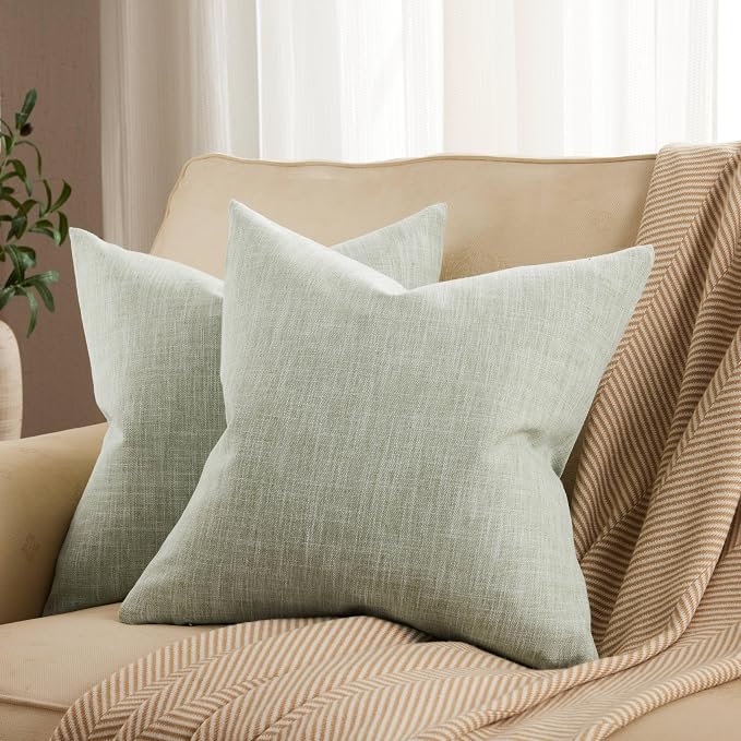 Rustic Linen Throw Pillow Covers Set of 2, Green 20x20in | Textured Pillow Case, Rustic Cotton Linen Fabric, Modern Farmhouse Cushion Covers for Sofa Bed Living Room Home Decor