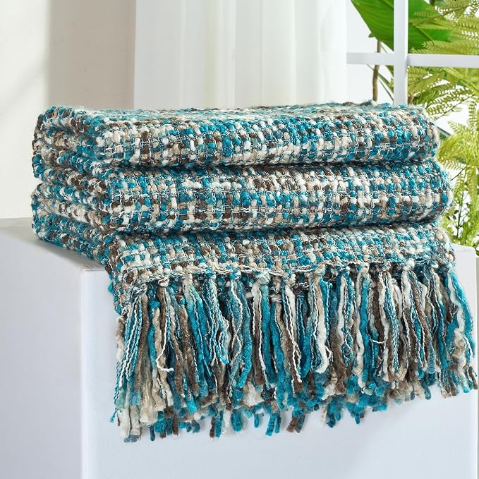 Multi-Color Cable Woven Throw Blanket for Couch - 60"X80" | Multicolored Boho Style,Super Soft Warm Cozy Chunky Blankets with Decorative Tassels for Bed and Sofa,Teal