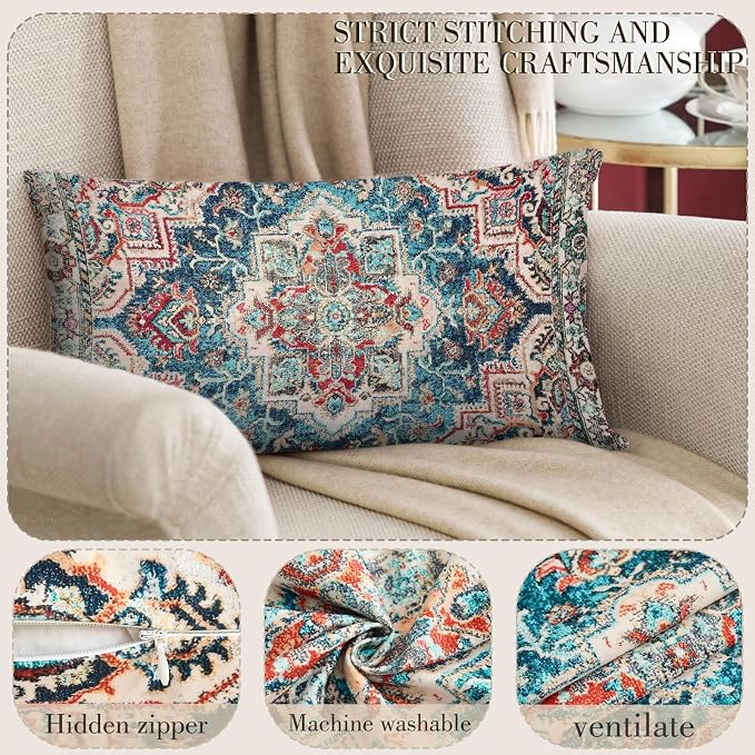 Boho Throw Pillow Covers 12x20 inch Set of 2,Boho Vintage Carpet Pattern Antique Ethnic Decor Double Sided Pattern Cushion Cover Soft Pillow Case Living Sofa Room Bed Square Pillow Cover