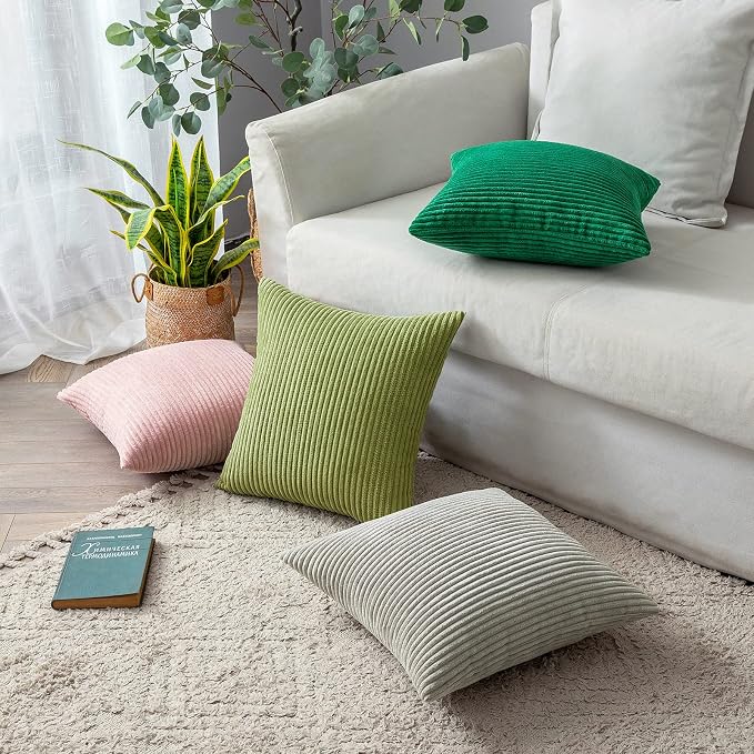 MIULEE Decorative Corduroy Throw Pillow Covers Set of 2 18x18 Grass Green | Soft Striped Textured Cushion Cases, Boho Natural Greenery Pillowcases for Home Decor, for Couch Chair Sofa Bed Living Room