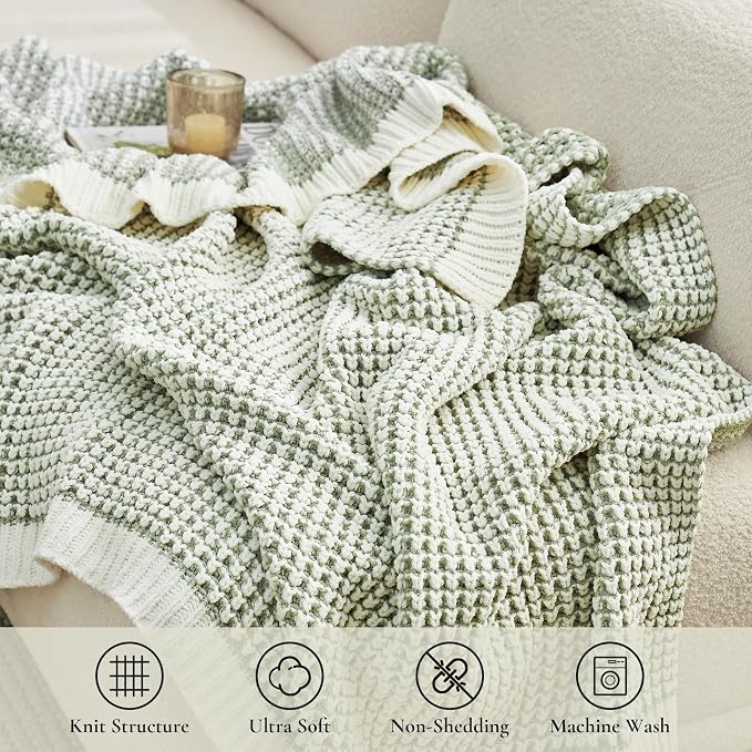 Knit Throw Blanket, Soft Chenille Cozy Breathable Pineapple Chunky Decorative Blanket for Couch, Bed & Sofa, French-Inspired Lightweight Warm Gift for Women, Sage Green, 60"x80"