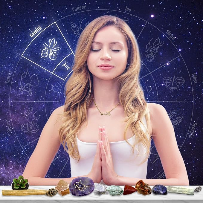 DANCING BEAR Gemini Zodiac Healing Crystals Gift Set (14 Pc): 9 Stones, 18K Gold-Plated Constellation Necklace, Meteorite, Succulent Candle, Palo Santo Smudge Stick, and Info Guide, Made in The USA