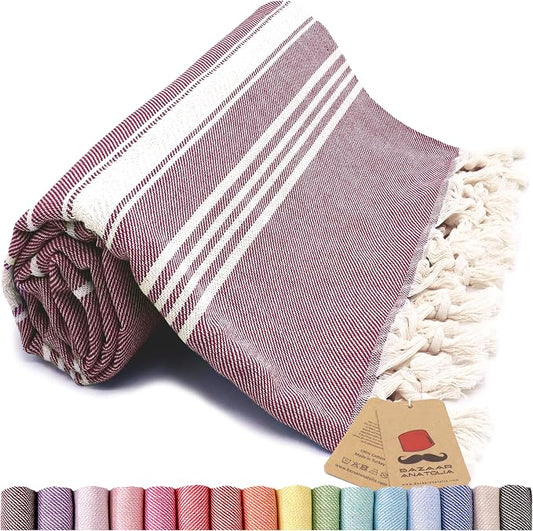 Bazaar Anatolia Turkish Beach Towel – 100% Cotton, Quick Dry, Sand Free Towel for Bathroom, Camping, Travel, Burgundy – Oversized 71x39 Inches – Stripe Maroon