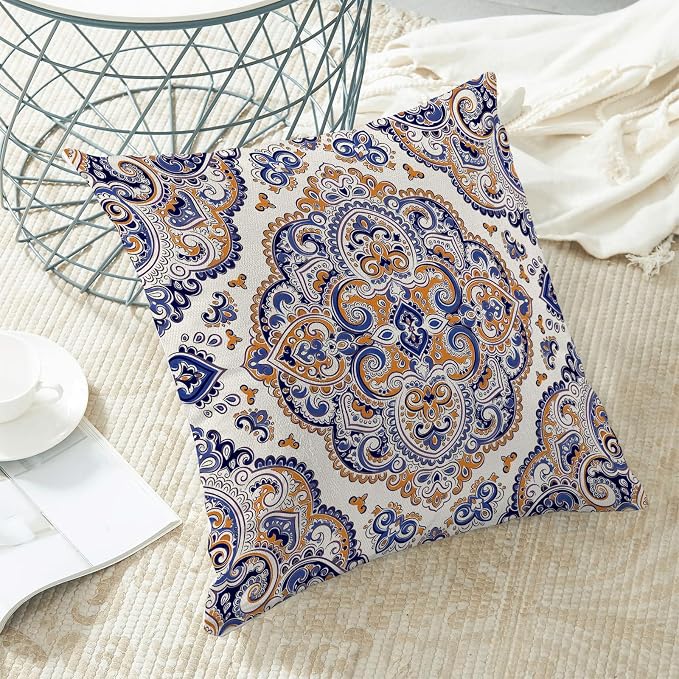 Navy Blue Boho Pillow Covers 18x18 Inch Set of 2,Burnt Orange Carpet Pattern Throw Pillows Case,Ethnic Design Retro Outdoor Decorative Square Linen Farmhouse Decor Cushion Covers for Sofa Couch