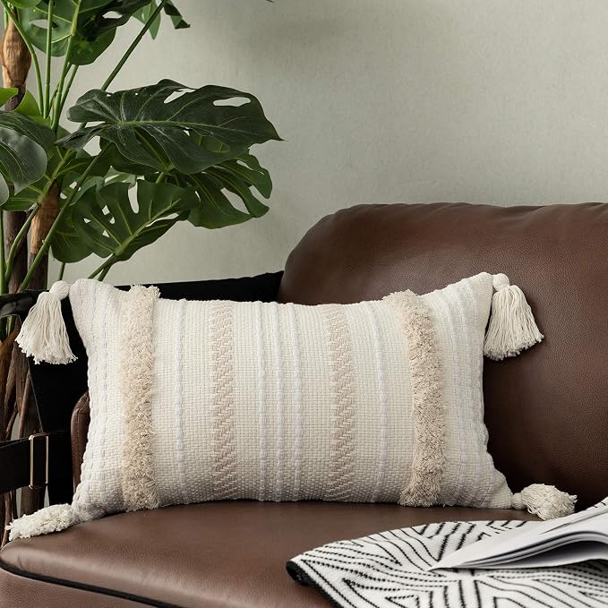 Lumbar Decorative Boho Throw Pillow Cover, 12 x 20 Farmhouse Cute Pillowcase Minimalist Neutral Collection Cream White Tufted with Tassels Woven Cushion Cover for Sofa Couch Bedroom Living Room