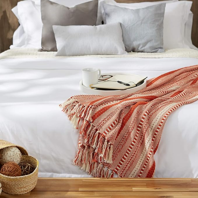 DII Braided Striped Decorative Throw Blanket, 50x60, Vintage Orange/Red