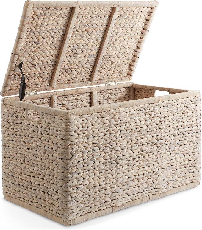 Casafield 30" Storage Chest with Lid, Handles, and Safety Hinge - Whitewash White, Hyacinth Wicker Storage Trunk for Entry Way, Living Room, Bedroom