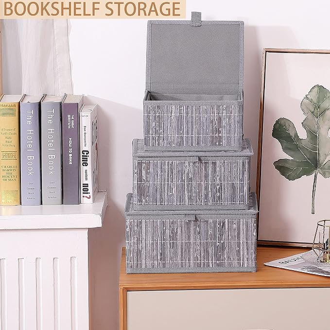 Honygebia Bamboo Decorative Storage Boxes - Set of 3 Woven Lined Storage Basket with Lids, Grey Marble Wicker Lidded Baskets for Home Kitchen Shelf Organizer Decor