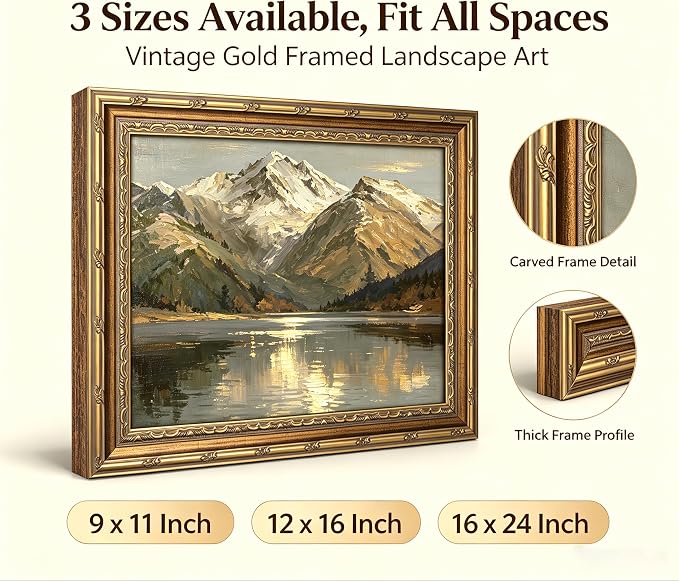 Vintage Gold Framed Landscape Canvas Wall Art Mountain with Forest Trees Lake Painting Picture Wall Decor Nature Scenery Green Botanical Poster Print Artwork for Living Room Office Home Decoration