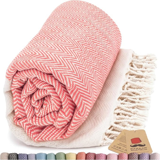 Bazaar Anatolia Turkish Beach Towel 100% Cotton Bath Towels 71x39 Quick Dry Sand Free Lightweight Large Oversized Herringbone Coral