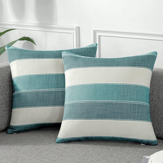 Pack of 2 Farmhouse Stripe Check Throw Pillow Covers Set Case Cotton Linen Decorative Pillowcases Cushion Cover for Couch Bench Sofa 22x22Inch Teal Blue