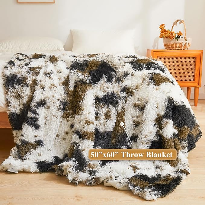 XeGe Luxury Faux Fur Throw, Soft 50x60 Cow Print Fluffy Blanket, Shaggy Plush Decorative Couch Throw, Cute Furry Animal Print Fuzzy Blanket for Sofa Bed, Cow Brown