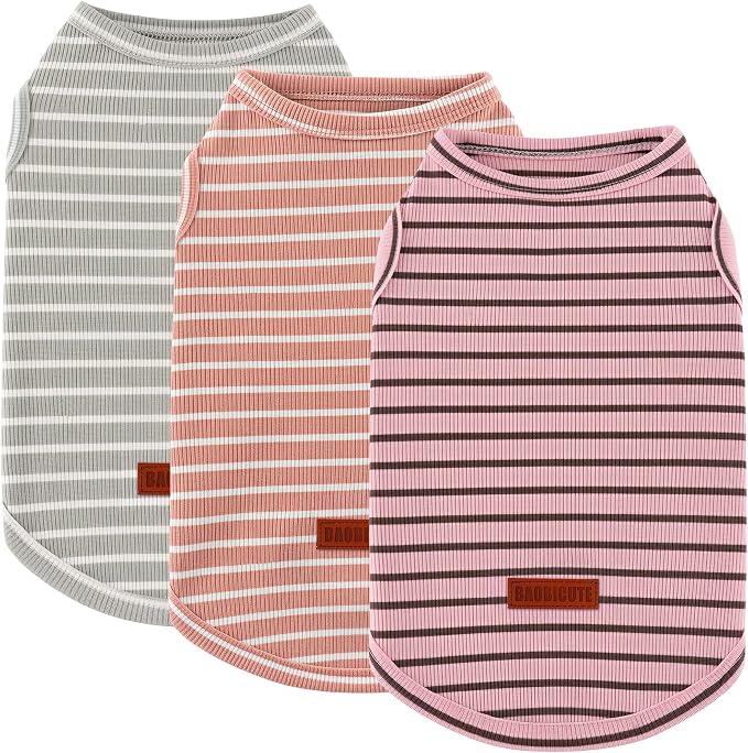 3Pack Dog Shirt Cotton Striped T-Shirts Stretchy Comfortable Pet Vest for Puppy and Cat Super Soft Dog Shirts Vest Sleeveless Breathable Basic Clothes for Small Medium Large Boy Girl Dogs