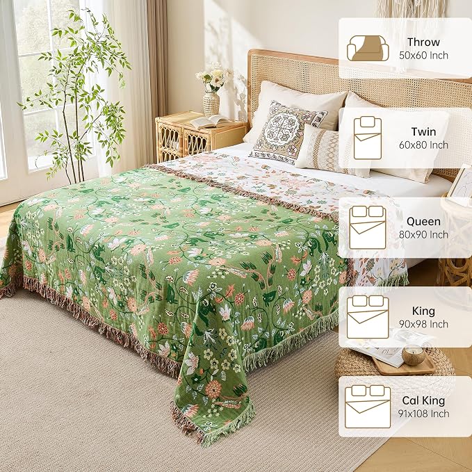 VANJOROY King Boho Throw Blanket, 100% Organic Cotton Breathable Skin-Friendly Ultra Soft 91" x 98" Bed Quilt Green Throw - Floral Rustic Decor Luxury Reversible Blanket for Sofa Couch Chair and Gift