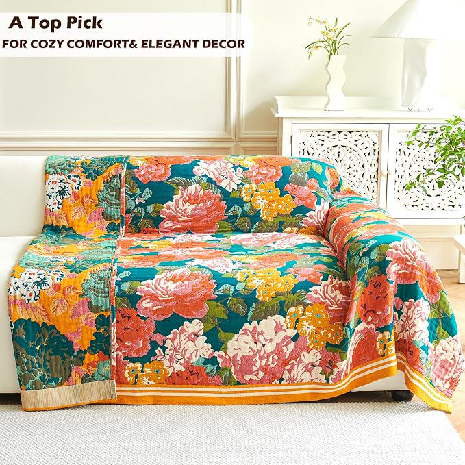 VANJOROY Boho Throw Blanket, 100% Organic Cotton Breathable Ultra Soft 60" x 80" Bed Quilt Throw - All Season Floral Rustic Farmhouse Decor Luxury Reversible Blanket for Sofa Couch Chair and Gift