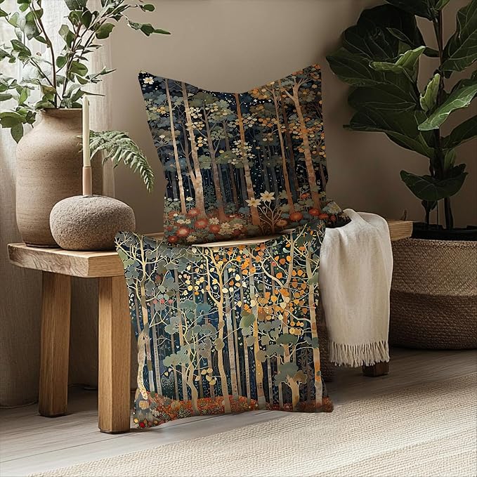 Rustic William Morris Inspired Autumn Forest Pillow Covers 20x20 Set of 2, Fall Home Room Decor, Vintage Botanical NatureDecorative Throw Pillow Covers for Home Bedroom Living Room