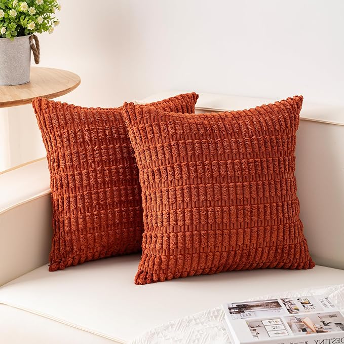Aegero Pack of 2 Corduroy Decorative Throw Pillow Covers 16x16 Inch, Rust | Fall Soft Striped Pillow Covers Modern Farmhouse Home Decor Christmas Throw Pillow Covers for Sofa Living Room Couch Bed