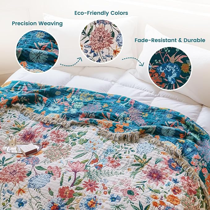MSGKV Boho Throw Blanket 50"x60" Summer Cotton Orchid Blanket for Couch | 100% Cotton Muslin, Orchid Throw Blanket, Reversible Weave, Soft & Breathable, Elegant Home Accent, Machine Washable