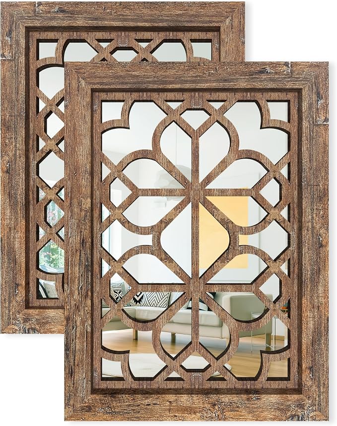 Set of 2 13x17 Inch Rectangular Shatterproof Decorative Wall Mirrors, Boho Farmhouse Rustic Vintage Grey Accent Mirrors for Living Room, Bedroom, Entryway & Home Wall Decor，Maroon