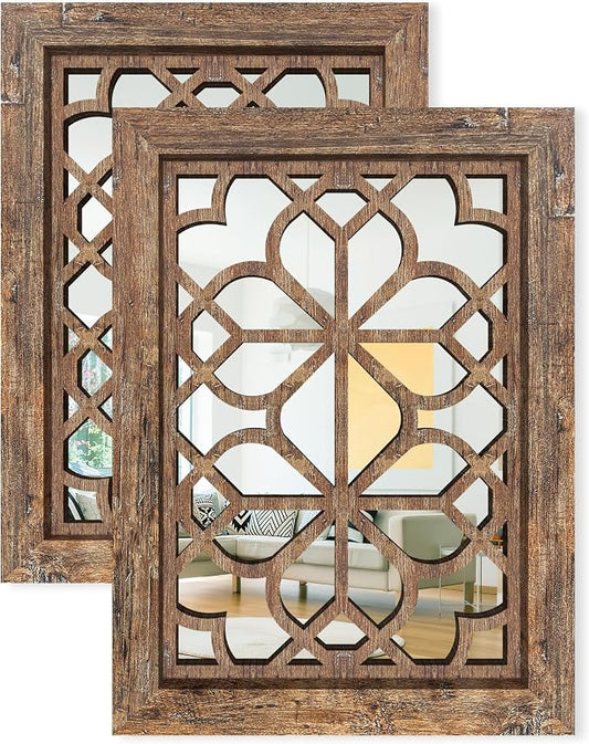 Set of 2 13x17 Inch Rectangular Shatterproof Decorative Wall Mirrors, Boho Farmhouse Rustic Vintage Grey Accent Mirrors for Living Room, Bedroom, Entryway & Home Wall Decor，Maroon