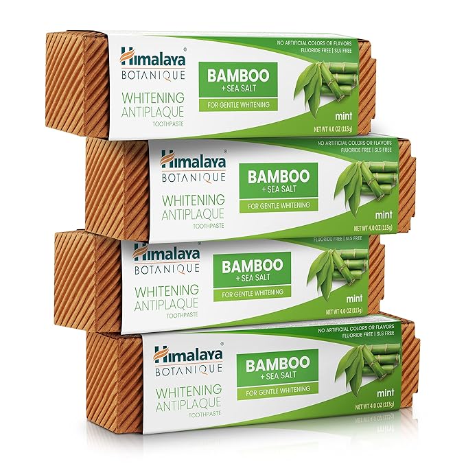 Himalaya Botanique Whitening Antiplaque Toothpaste with Bamboo + Sea Salt, Fluoride Free, for Gentle Whitening, 4 oz, 4 Pack