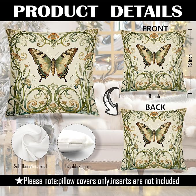 Vintage Floral Butterfly Pillow Covers 18x18 Set of 2, Butterfly Room Decor, Cottagecore Art Nouveau Nature Insect Decorative Pillow Covers for Home Living Room Bedroom