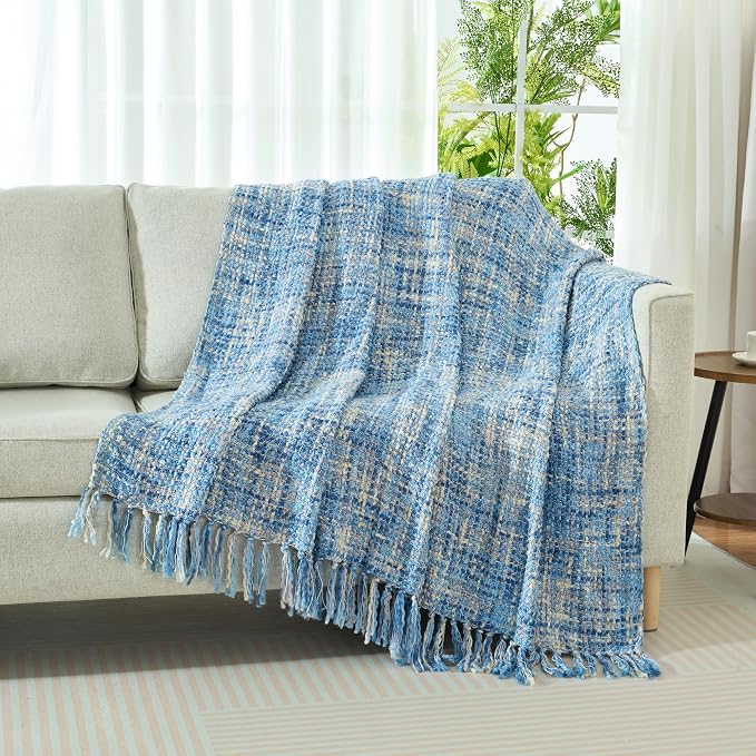 Multi-Color Cable Woven Throw Blanket for Couch - 60"X80" | Multicolored Boho Style,Super Soft Warm Cozy Chunky Blankets with Decorative Tassels for Bed and Sofa,Light Blue