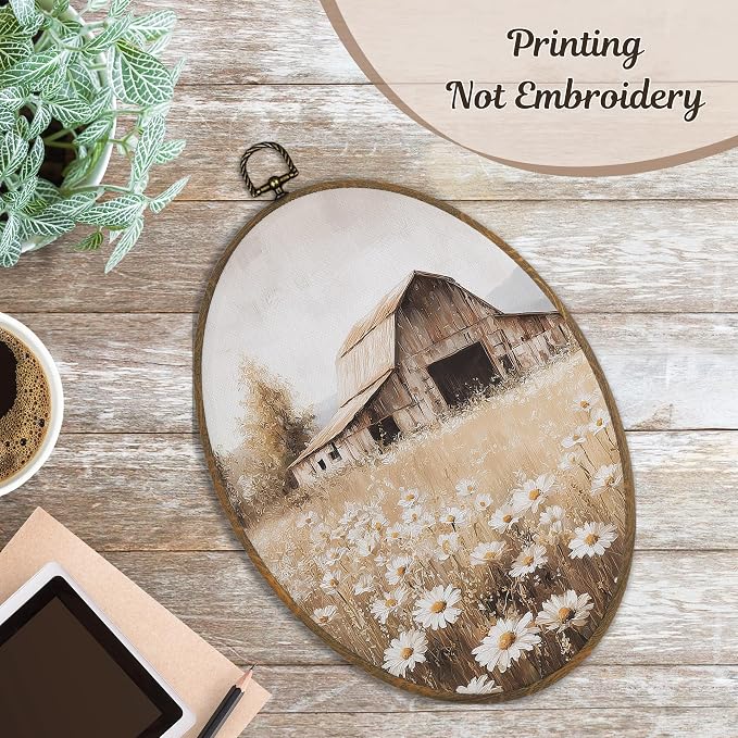 LKETW Farmhouse Country Wildflower Oval Wall Art Decor, Vintage Rustic Nature Daisy Floral Oval Canvas Hanging Decor, Retro Landscape Wall Decorations for Home Bedroom Living Room, 8.6x11.4 Inch